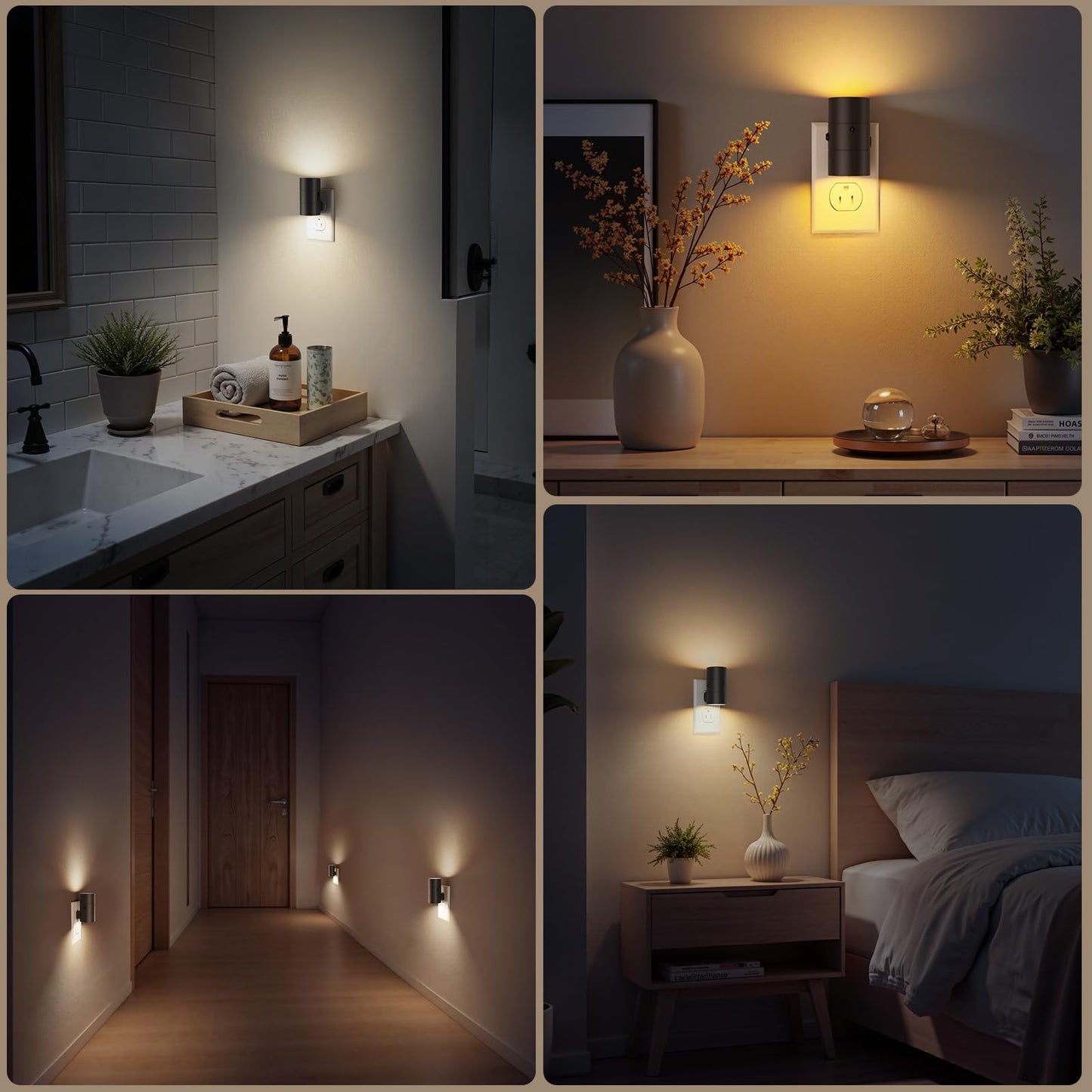 VOLISUN Night Light, Dimmable LED Plug-in, 0-100LM Brightness, Amber/3000K/4500K, 4 Pack, Black, Model XYD001