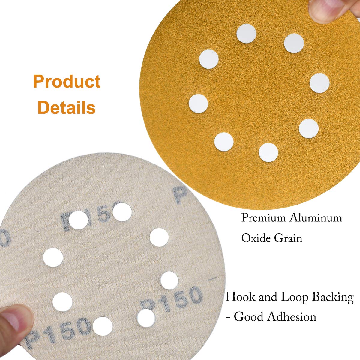 5-Inch 8-Hole Hook and Loop Sanding Discs 150-Grit Random Orbit Sandpaper, 50-Pack