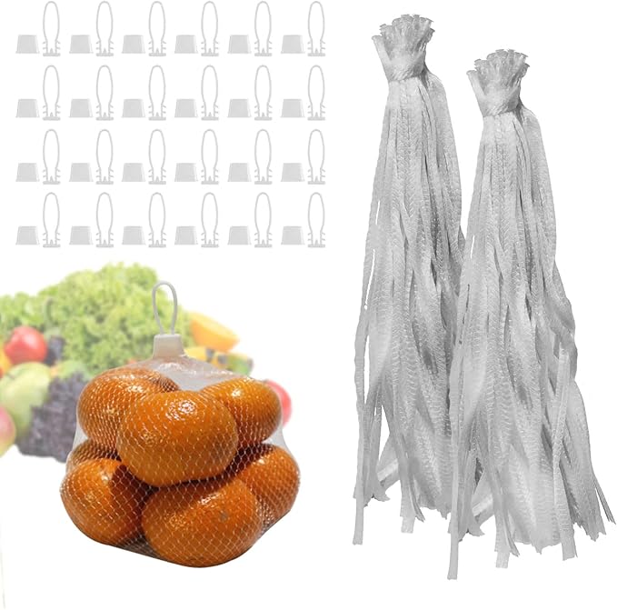 Limso 100 PCS Seafood Boiling Bags, 24 Inch Seafood Bag Onion Bag Mesh Nylon Netting, Reusable Mesh Produce Bags, With 100 Pcs Loop-Style Closures (White)