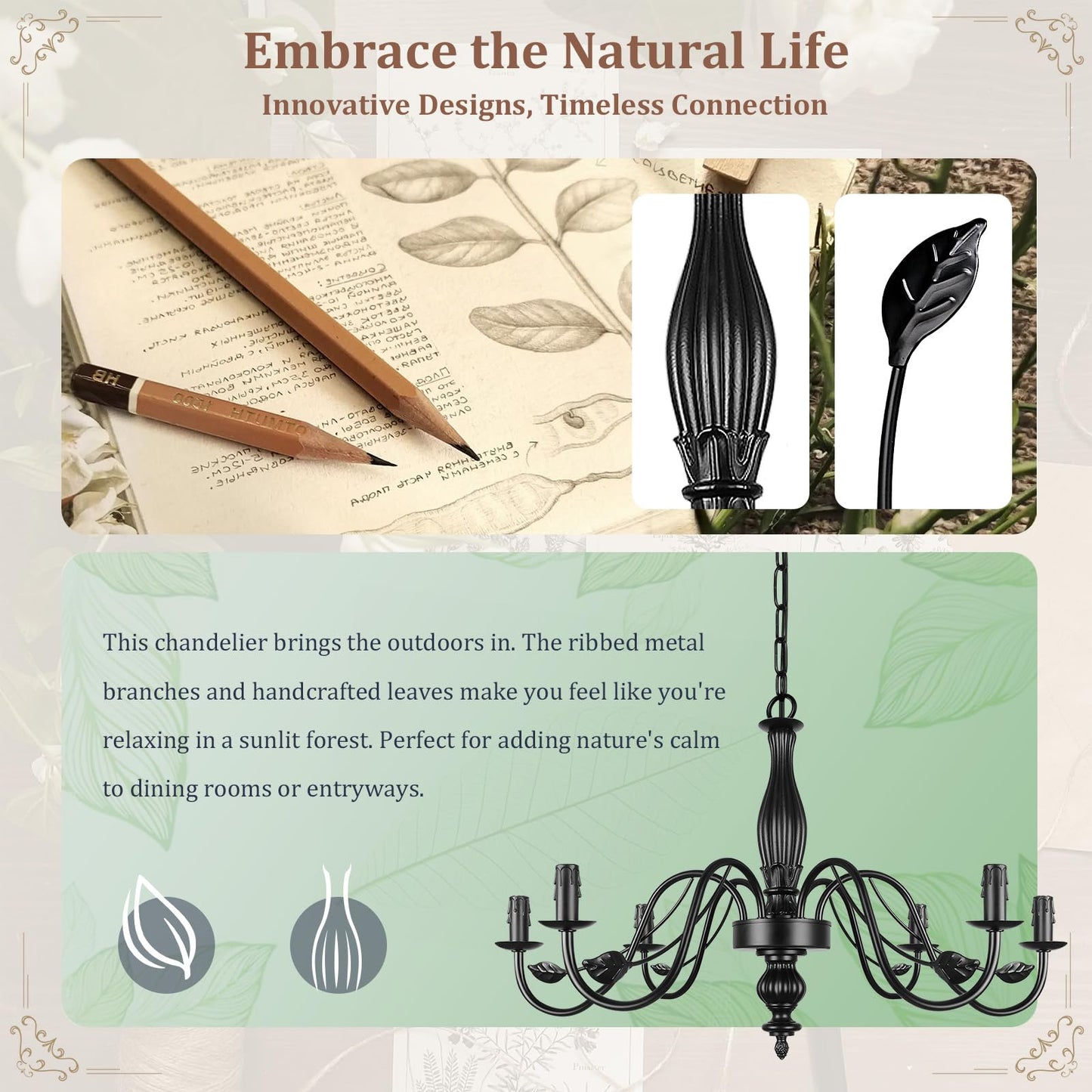 29 Black Chandelier For Dining Room  Modern Farmhouse 6-Light Light Fixture Hanging  Industrial Kitchen Lighting Fixtures With Leaf  Vintage Chandeliers Over Table For Bedroom Foyer Living Room