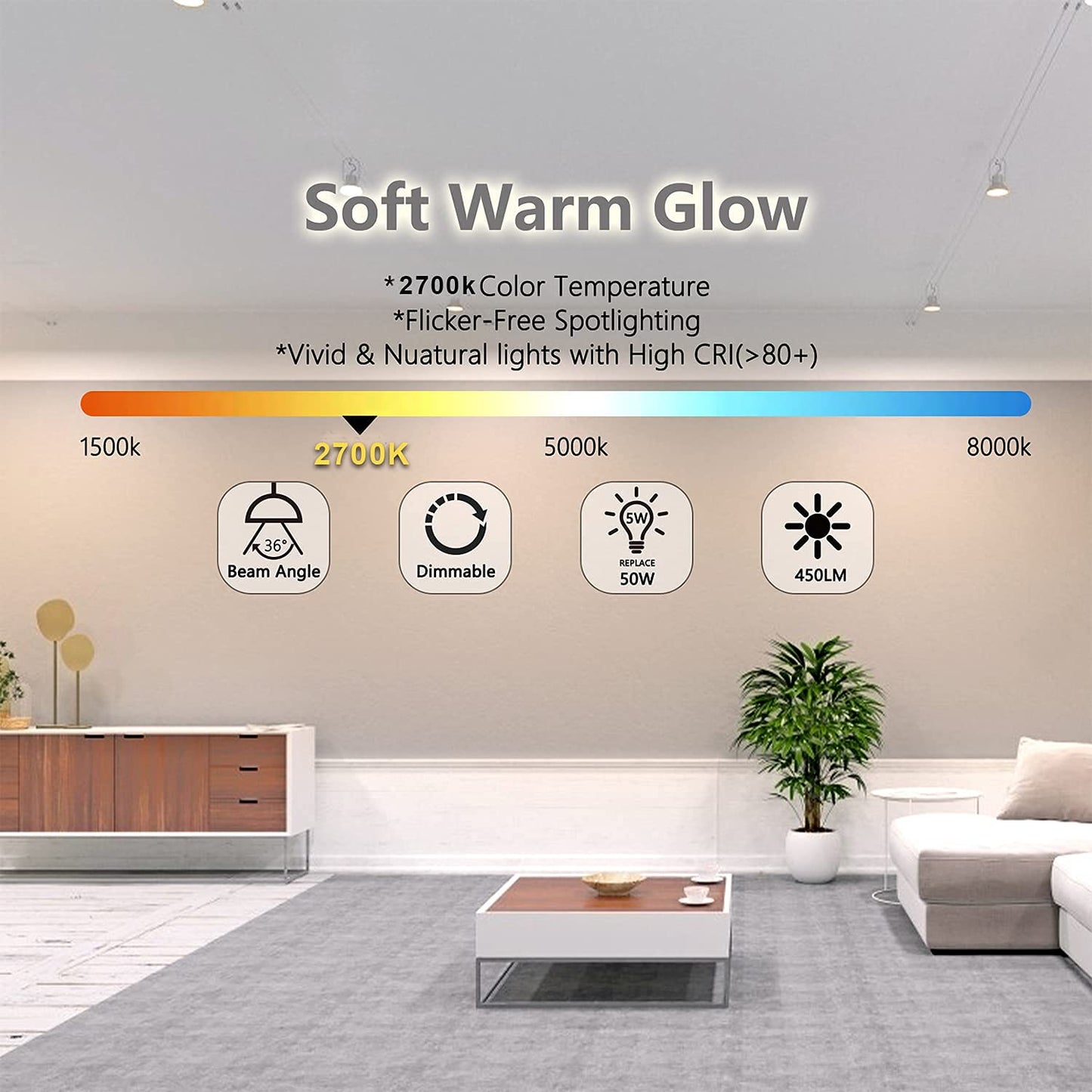 Wixann Mr16 Led Bulb 5W 12V 3000K Soft Warm White Gu5.3 Bi-Pin Base 10 Pack - Not Dimmable, 450Lm
