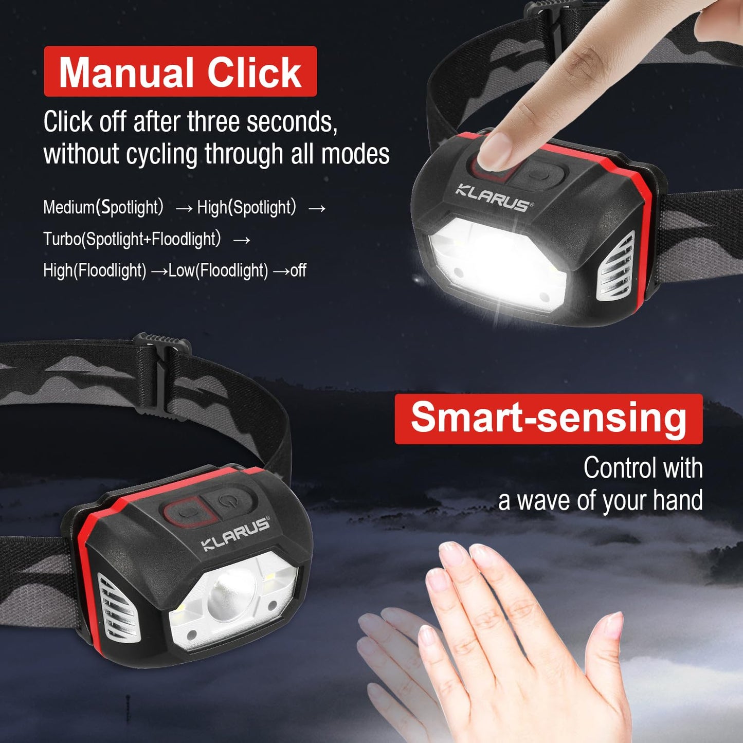 Klarus HM1 Waterproof Rechargeable Headlamp, 400 Lumens, 70 Hours Battery Life, Fast Charge, Black Red, Shock Resistant