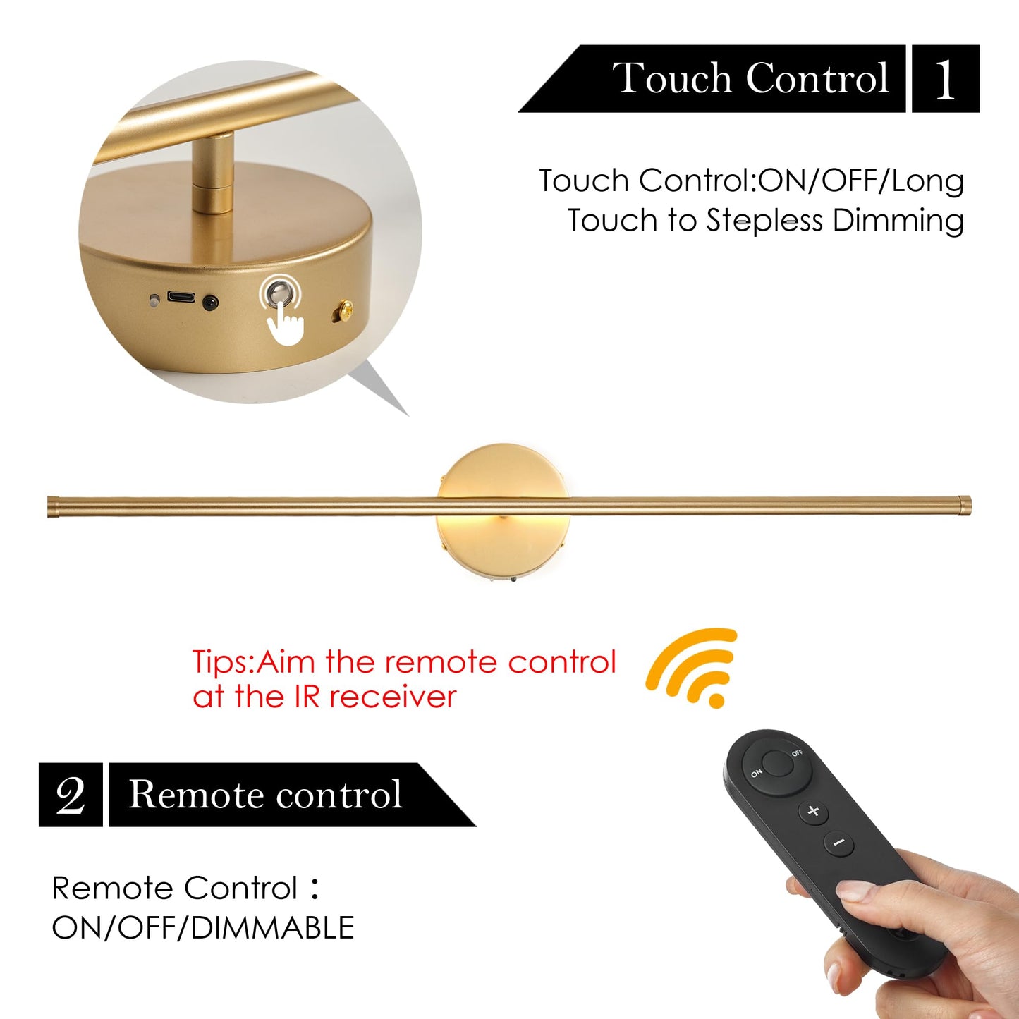 KARTOOSH Battery Operated Wall Sconces Set of Two, Dimmable, 40.1 Inch, Gold, Remote Control, 350° Rotate, Model ZM317BGD