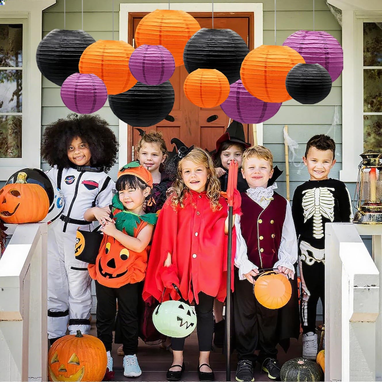 Capesaro Orange Purple Black Paper Lanterns Decorative 12Pcs Halloween Hanging Decorations For Graduation Thanksgiving Birthday Party Decorations