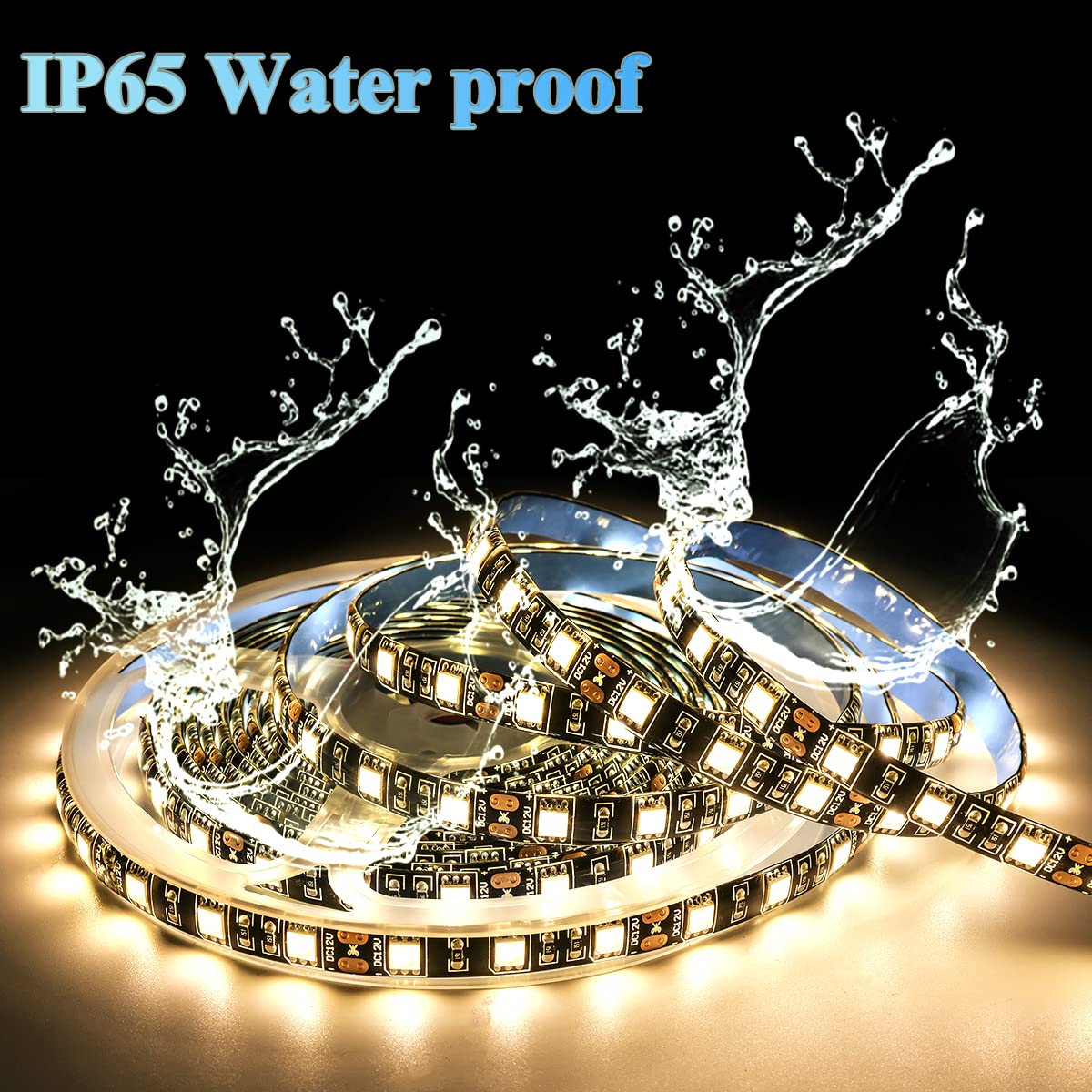 TX 12V LED Strip Light, 3000K Warm White, IP65 Waterproof, 16.4ft, SMD 5050, Black PCB, 300 LEDs for Bedroom & Kitchen