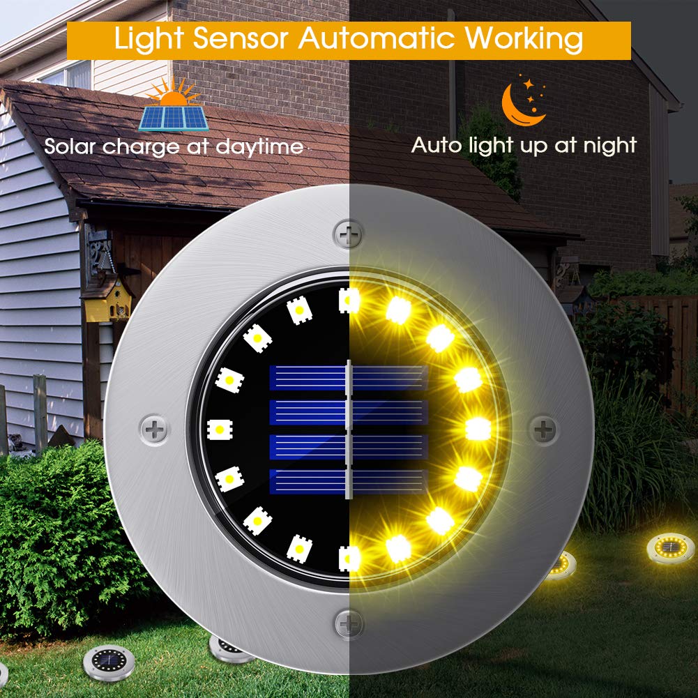 Nfesolar Solar Ground Lights - 16 Led Waterproof Disk Lights, 8-Pack, Warm White - Perfect For Pathway, Garden, And Driveway Lighting