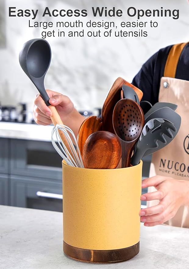 Nucookery 360°Rotating Utensil Holder, 7.2" Kitchen Utensil Crock, Ceramic Cooking Utensil Organizer with Countertop-Protection Cork Bottom for Farmhouse Kitchen Decor Christmas (Yellow Sand)
