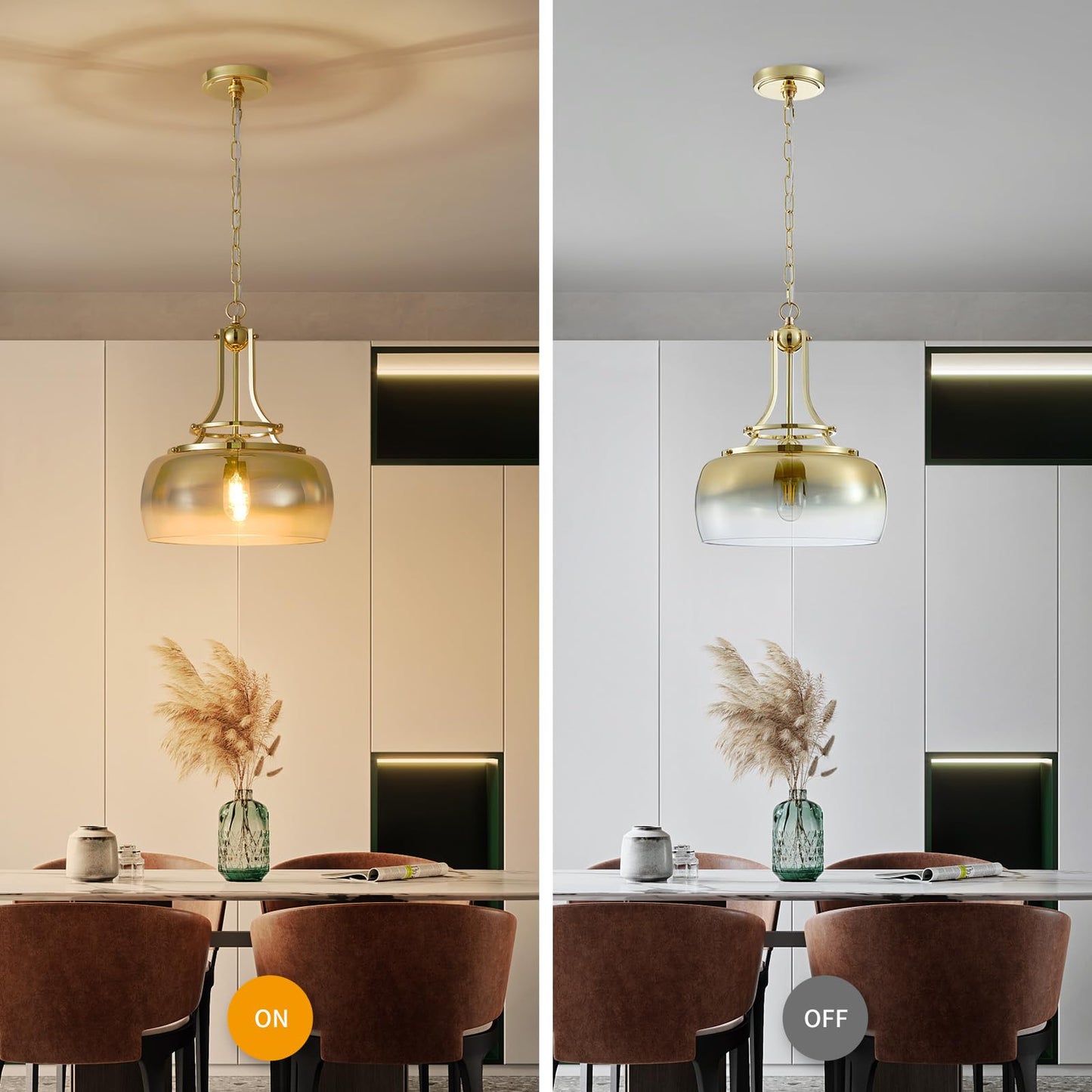 WUZUPS Gold Chandelier Pendant Light Fixture, Gradient Glass Shade, 17inH x 13.4inW, Metal, Model USHD9607PB, Rustic Farmhouse Style