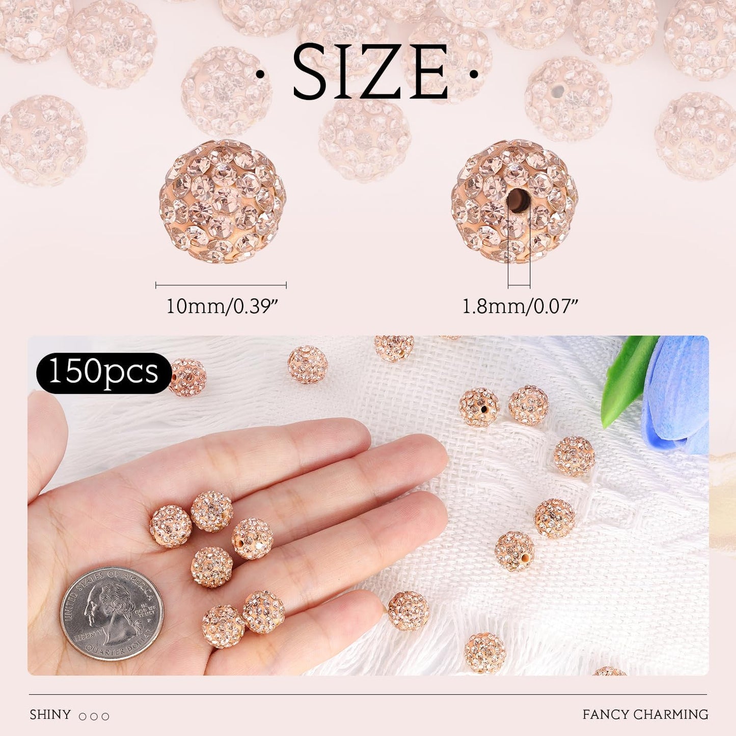 150 pcs 10mm Rhinestone Beads for Jewelry Making, Light Peach Shiny Round Shamballa Disco Beads Bulk, Sparkle Crystal Clay Christmas for Bracelet Baseball Necklace Earring Crafting and DIY