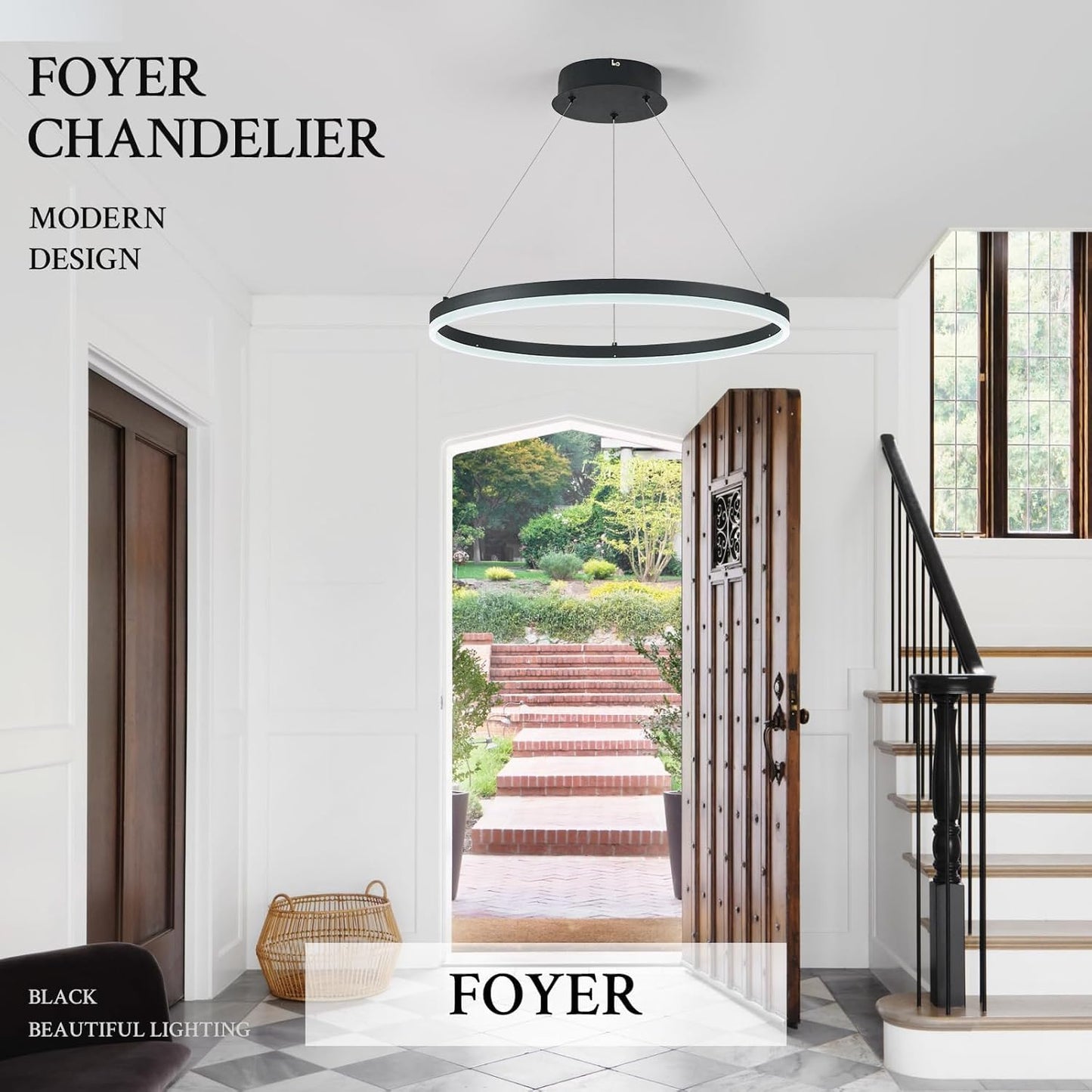 Sparklelf Modern Led Pendant Lighting 24 Ring Chandelier Black Dimmable Led Chandelier For Dining Room 36W Adjustable Pendant Light Fixture For Living Room Bedroom Home Office Foyer  3000-6500K