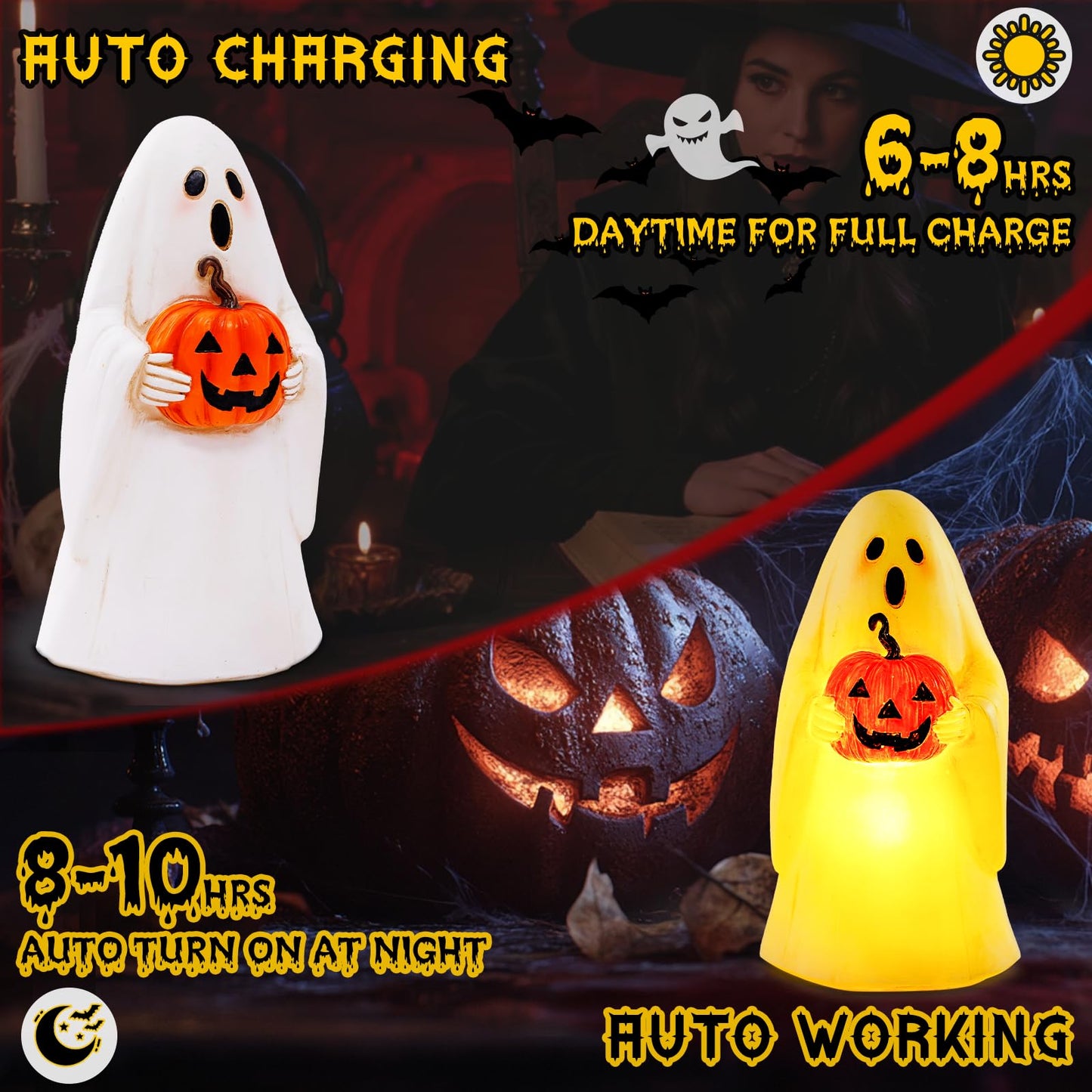 Pohabery Cute Resin Ghost Statue - Solar-Powered Halloween Decor, White, Outdoor Light Up Figurine For Yard & Porch, Model Zf1Bg250501