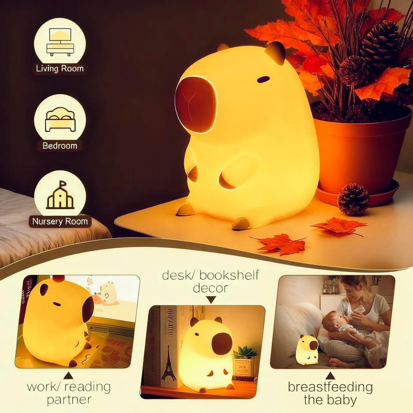 Yr Yrhh-Pet Capybara Cute Night Light  Squishy Capybara Lamp Xmas Gifts Toys  Rechargeable Led Dimmable Silicone Nightlight For Kids  Funny Light Up Capibara  Baby Nursery College Dorm Fall D?Cor