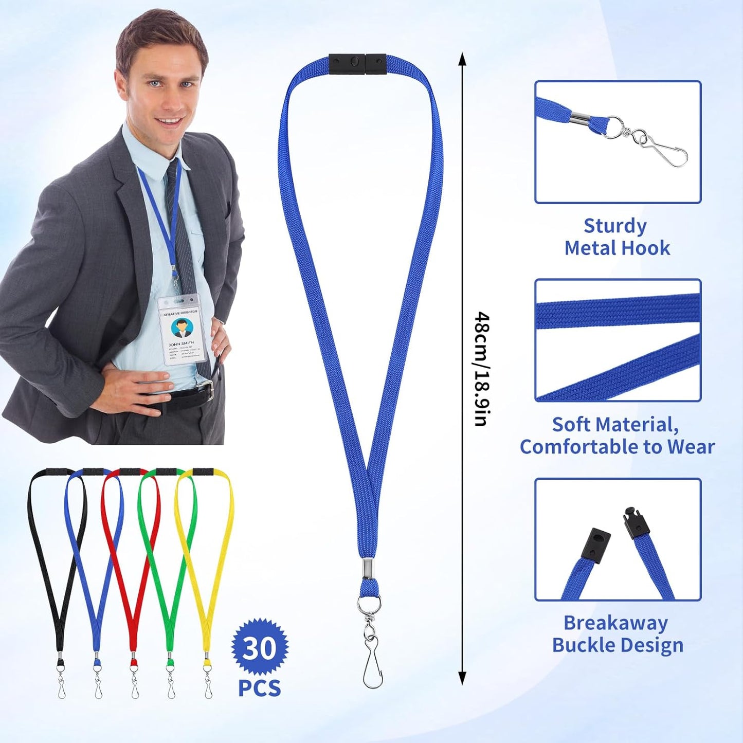 30 Pcs Breakaway Lanyard for Id Badges Lanyards Break Away Safety Lanyard Teacher Volunteer Student Team Lanyards for Keys (5 Colors)