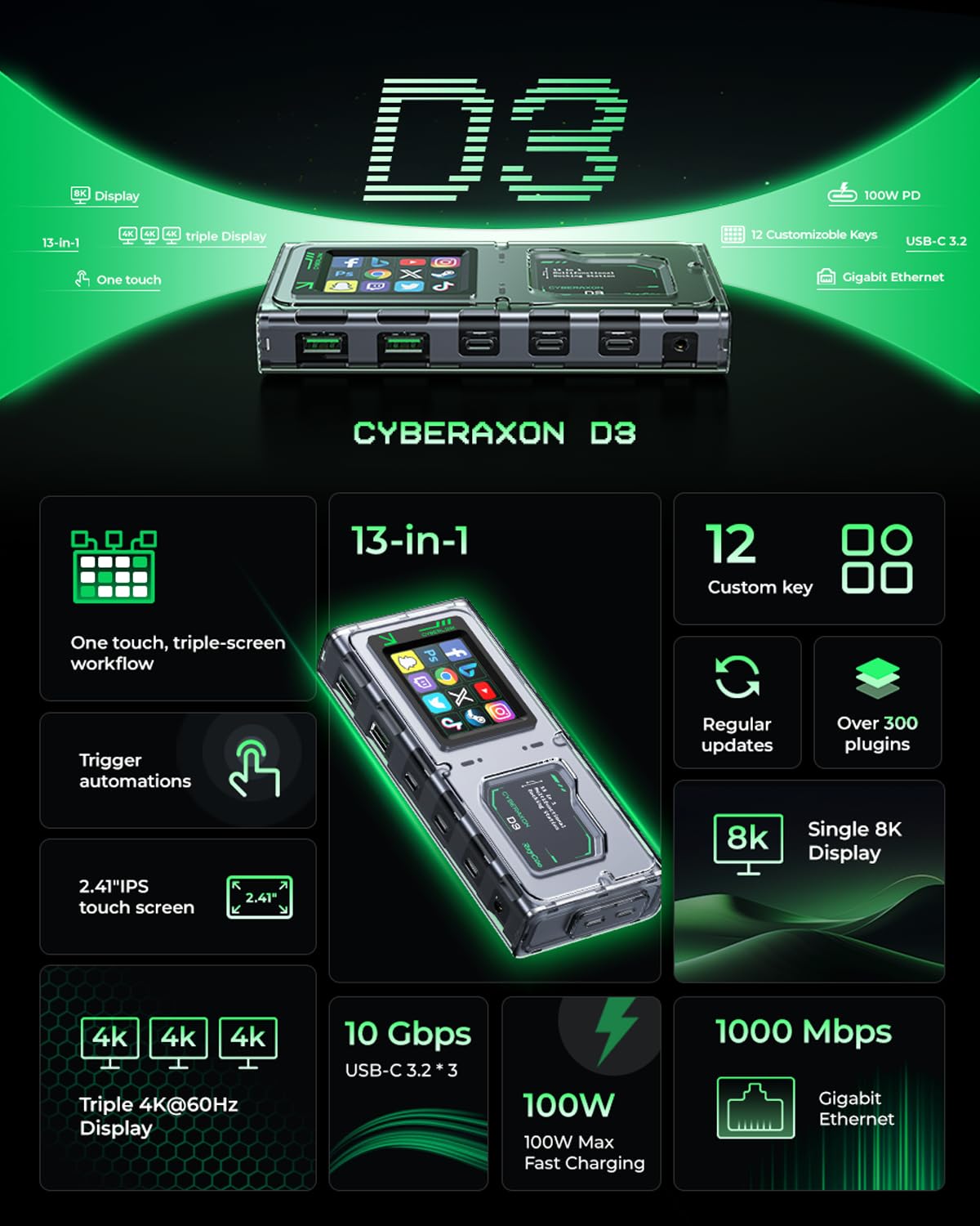 RayCue CyberAxon D3 13-in-1 USB C Docking Station - 4K HDMI, 100W PD, Touchscreen, Mac/Windows/iPad Compatibility