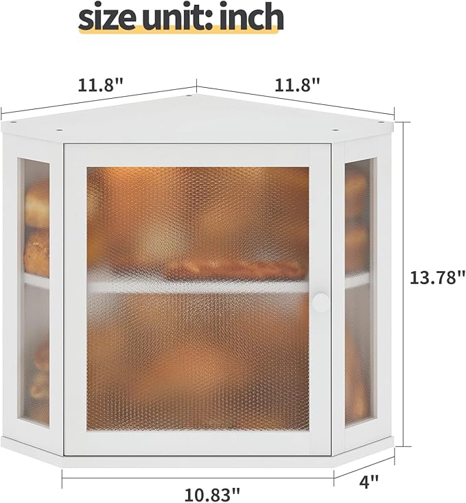 Corner Bread Box for Kitchen Countertop,Bread Storage for Homemade Bread, Double Layer Large Bamboo Kitchen Storage Bin with Window (White, Medium)