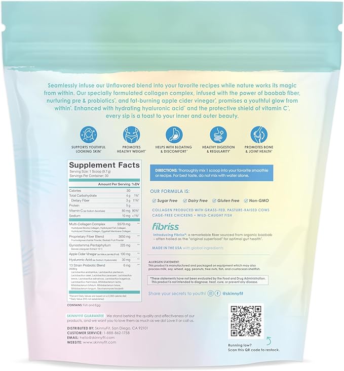 SkinnyFit - Super Youth, Unflavored (28 Servings) - Multi Collagen Peptides Powder - Probiotics, Fiber, Hyaluronic Acid - Collagen for Women - Non GMO, Gluten Free, Sugar Free - Beauty & Self Care