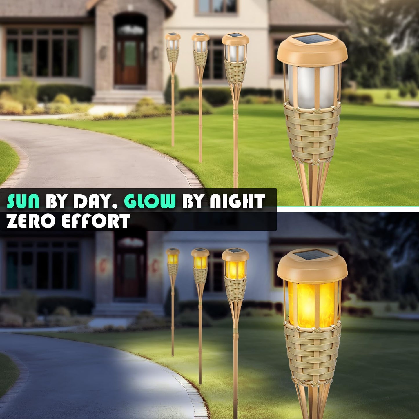 Evelynsun Solar Torch Lights - Outdoor Flickering Flame Decorations, 8 Pack, Plastic