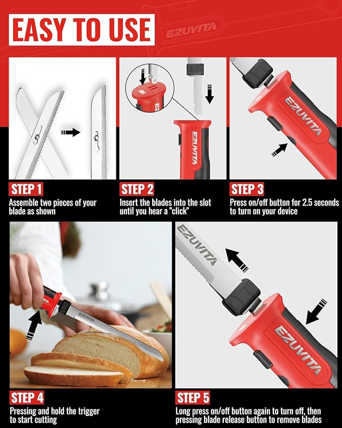 8V Cordless Electric Knife Set, Rechargeable Electric Carving Knife with Reciprocating Stainless Steel Blades for Meat & Bread, Fork Included, Equipped with interchangeable 2000mAh Large Capacity Battery, Ergonomic Handle and Safety Lock for Turkey, Me...