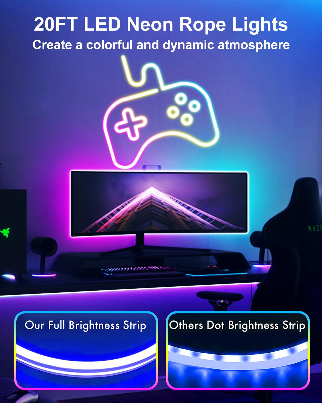 Vrribonx LED Neon Rope Lights, RGB Waterproof, 20FT, App/Remote Control, Music Sync, Model 20FT-Neon