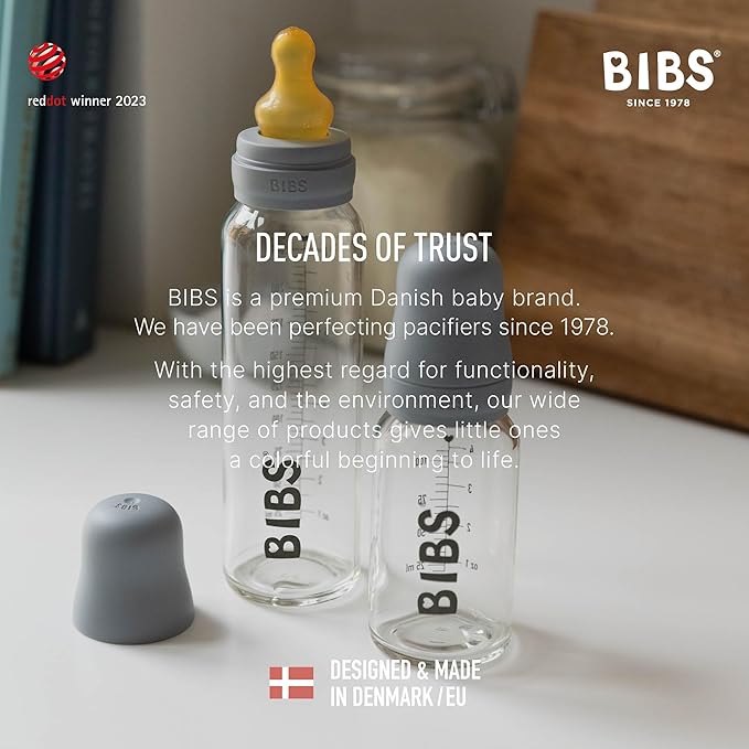 BIBS Baby Glass Bottle. Anti-Colic. Round Natural Rubber Latex Nipple. Supports Natural Breastfeeding, Complete Set - 225 ml, Woodchuck