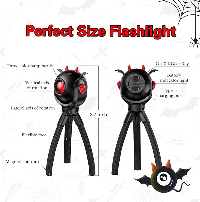 TOLYS Bat Kids Flashlight – Rechargeable LED Torch with 8 Color Modes, USB-C, Fun Flashlight for Boys & Girls, Perfect for Parties, Camping & Outdoor Adventures