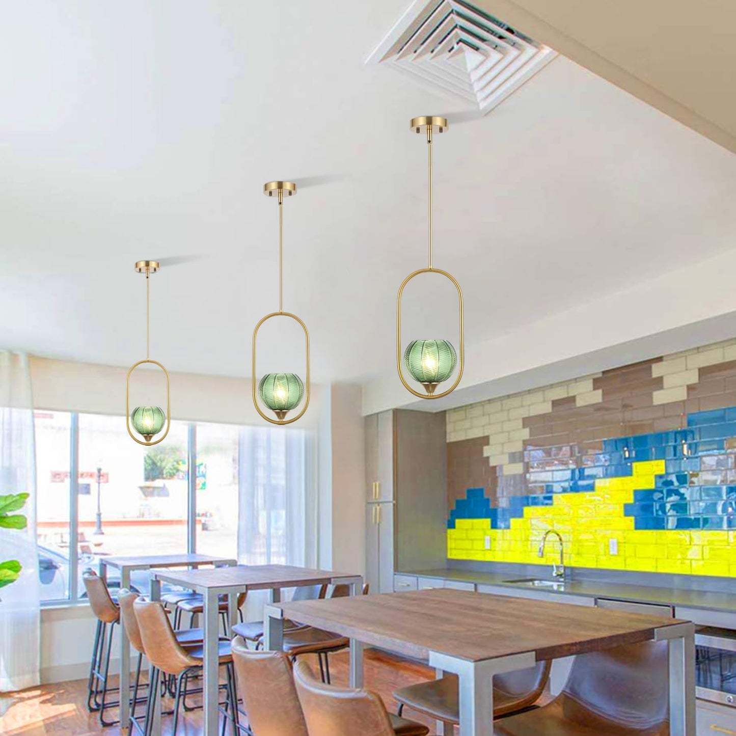 Byoliima Modern Gold Globe Pendant Light With Green Glass Globe Lampshade Mid Century Chandelier 1-Light Brushed Brass Ceiling Hanging Lighting Fixture For Kitchen Island Dining Room Bedroom (2 Pack)