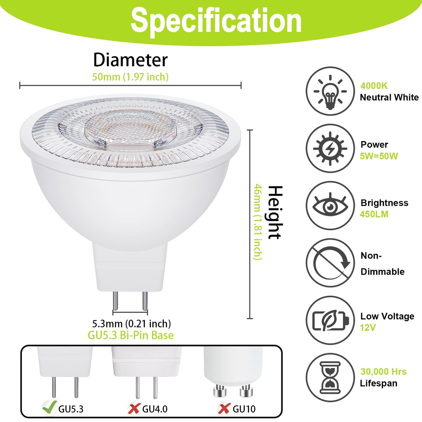 Qqlxst Mr16 Led Bulbs 50W Halogen Equivalent  4000K Neutral White  5W Mr16 Gu5.3 Bi-Pin Base 12V Low Voltage Spotlight Bulb For Landscape Spotlight Track Recessed Lighting  Non-Dimmable  12-Pack