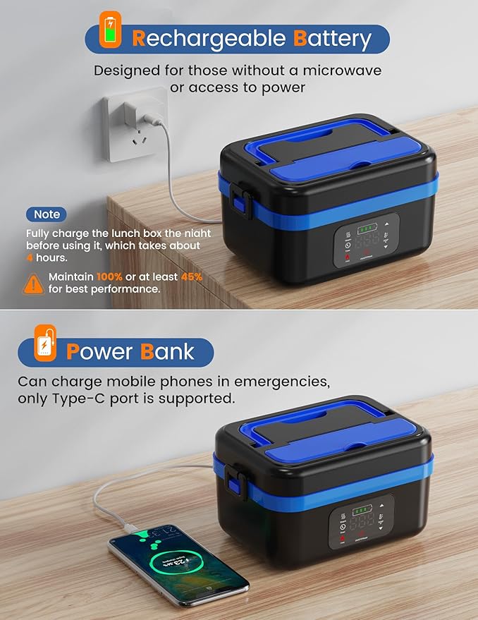 Cordless Electric Lunch Box for Adults, 1L Battery-Powered Heated Lunch Box with Insulated Bag, 16000mAh Rechargeable Self-Heating Food Warmer with Smart Reservation for Work, Travel, Car, Office