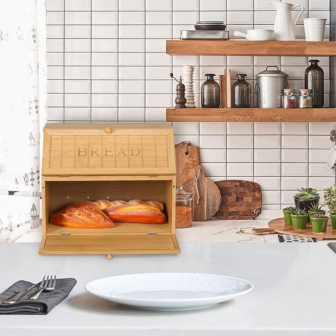 HOMEKOKO Vintage Double Layer Large Bread Box for Kitchen Counter, Retro Design Wooden Large Capacity Bread Storage Bin (Natural Bamboo)