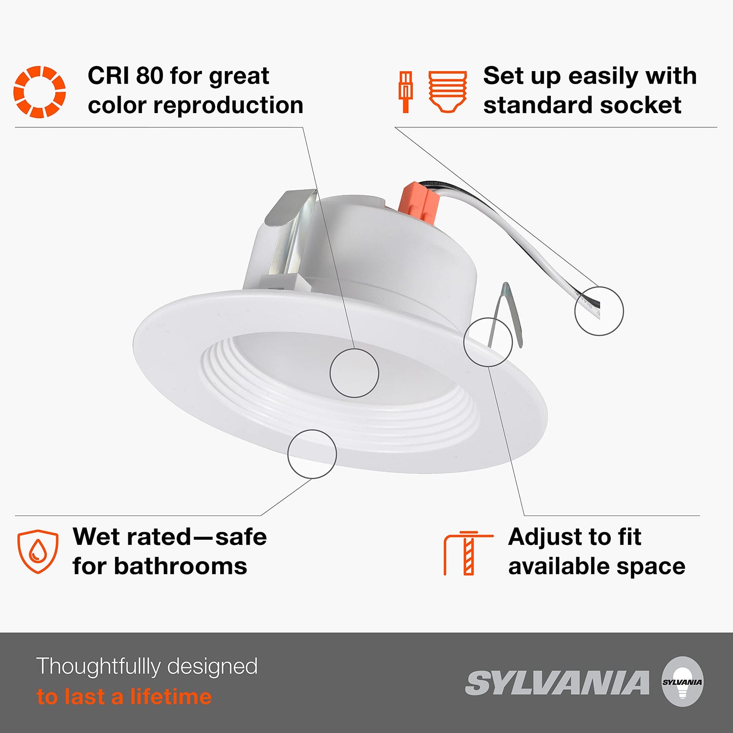 Sylvania 4  Led Recessed Lighting Downlight With Trim  Dimmable  7.5W=65W  600 Lumens  White 3000K  Wet Rated / Ul / Energy Star - 4 Pack (62022)
