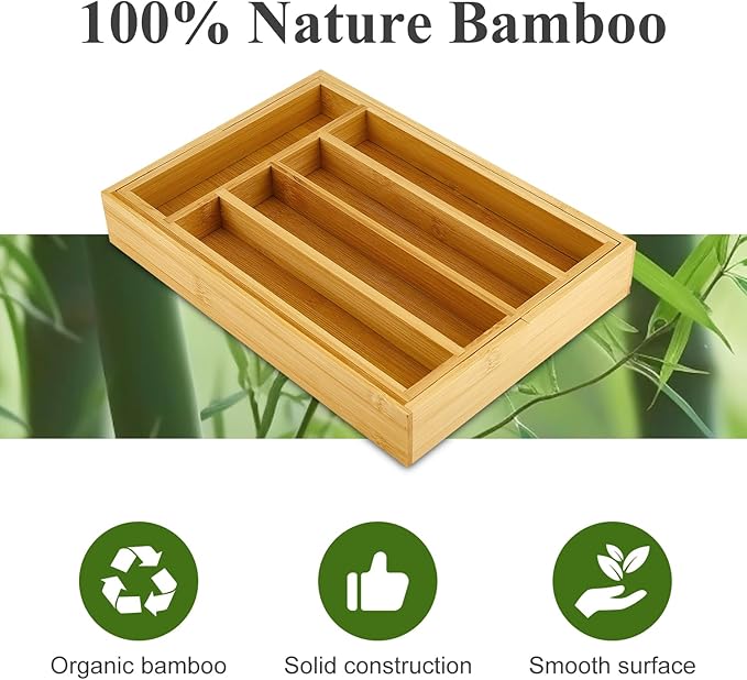 Bamboo Silverware Drawer Organizer Expandable Large Kitchen Utensil Holder Drawer Divider Organizers Storage Adjustable Cutlery Silverware Tray Wooden Spoon Holder Flatware Organizer Trays