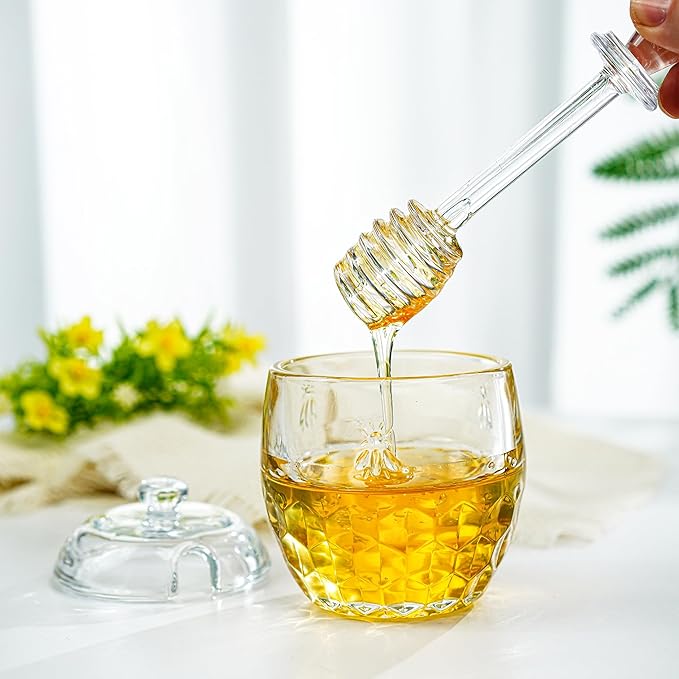 kanpura Honey Pot with Dipper and Lid Glass Honey Jar with Dipper Wide Mouth Honey Containers Airtight Syrup Honey Dispenser for Christmas Home Kitchen(7.5 OZ)