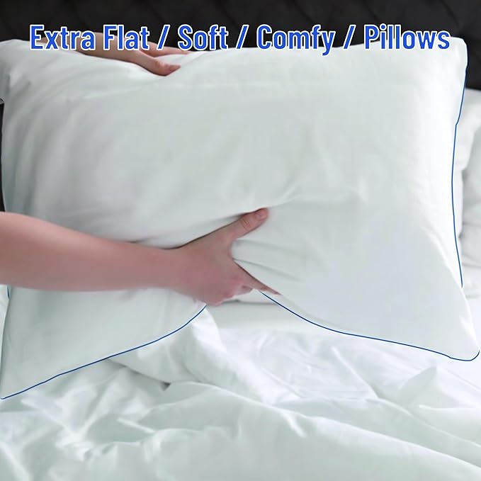 SILUI Extra Flat Soft Thin Pillows Standard Size Set of 2 Pack Bed Pillow with Down Alternative Fill for Side Back Stomach Sleepers, 20x26 Inches, White