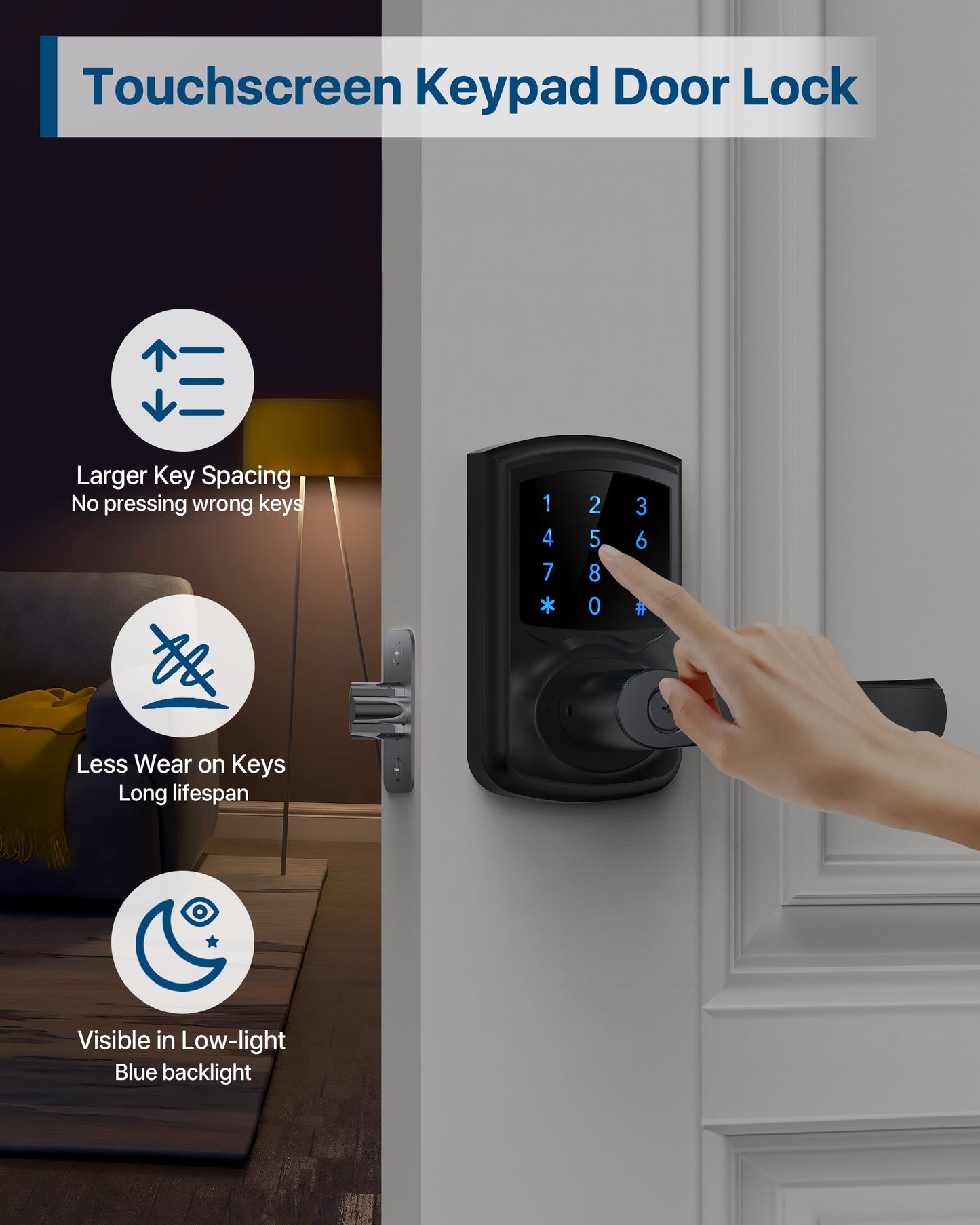 HIDALIFE Keyless Entry Door Lock, Keypad Door-Lock with Handle, Touchscreen, Auto-Locking, Anti-peep Password, Easy to Install for Front Door, Home, Office, Matte Black 2 Pack