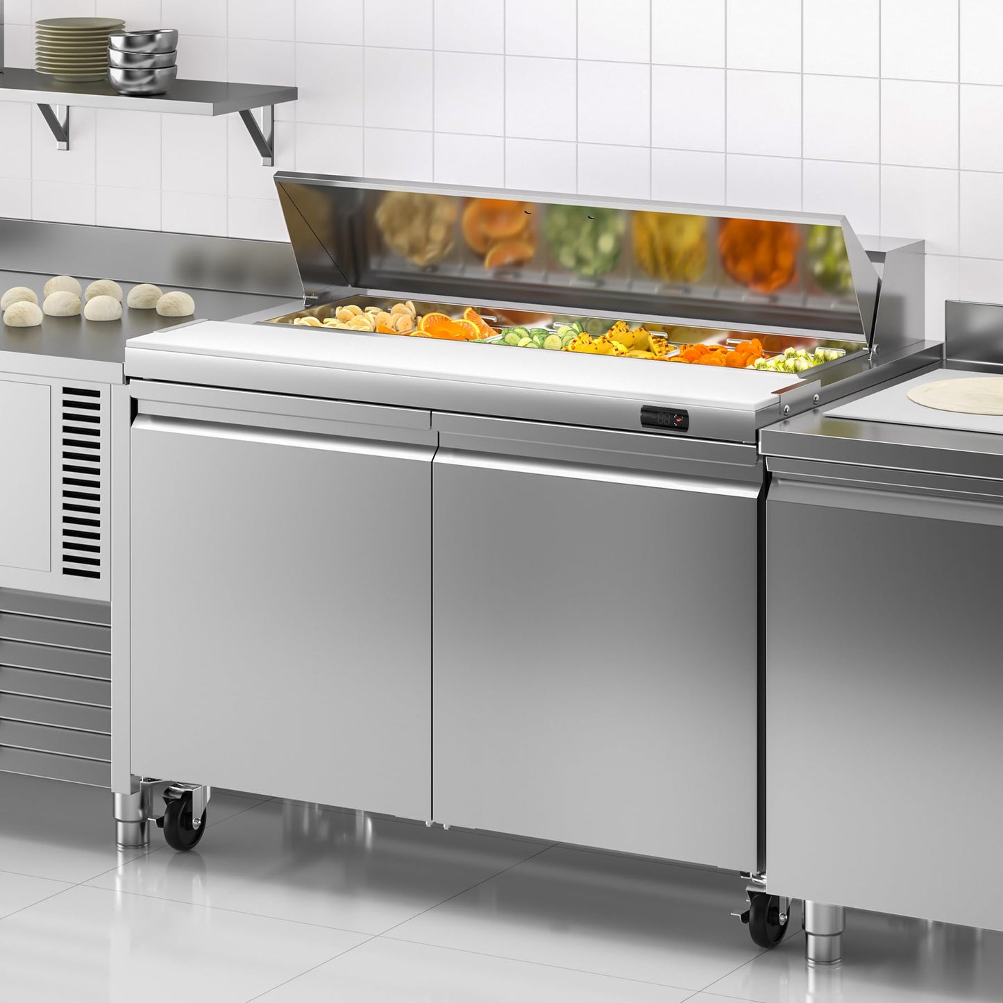 Rockitch 48" W Commercial Refrigerator Sandwich Salad Prep Table Refrigerator, 13.8 Cu.ft Stainless Steel Commercial Kitchen Refrigerated Equipment with 12 Pans for Restaurant, Bar, Shop, etc.