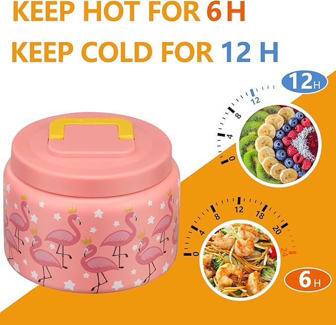 PIQUEBAR 8oz Kids Thermo for Hot Food,Small Lunch Thermos Food Container Stainless Steel,Easy Open Wide Mouth Thermo for Hot Cold Food for Preschool Travel (Pink Flamingos)