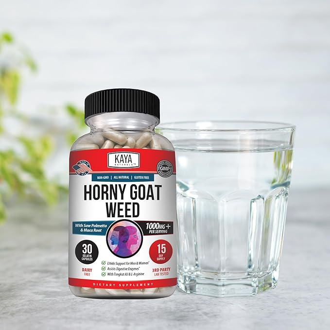 Kaya Naturals Horny Goat Weed for Men and Women - 1560mg Complex with Maca, Saw Palmetto, Ginseng, Arginine Vitamin Supplement - Horny Goat Weed - 30 Count
