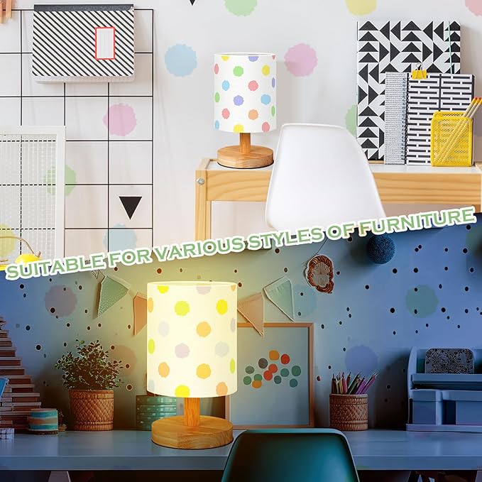 VIHOSE Polka Dot Kids Table Lamp for Bedroom Kids Bedside Lamp with Linen Wooden Nightstand Cartoon Nursery Lampshade for Girls Boys Living Room