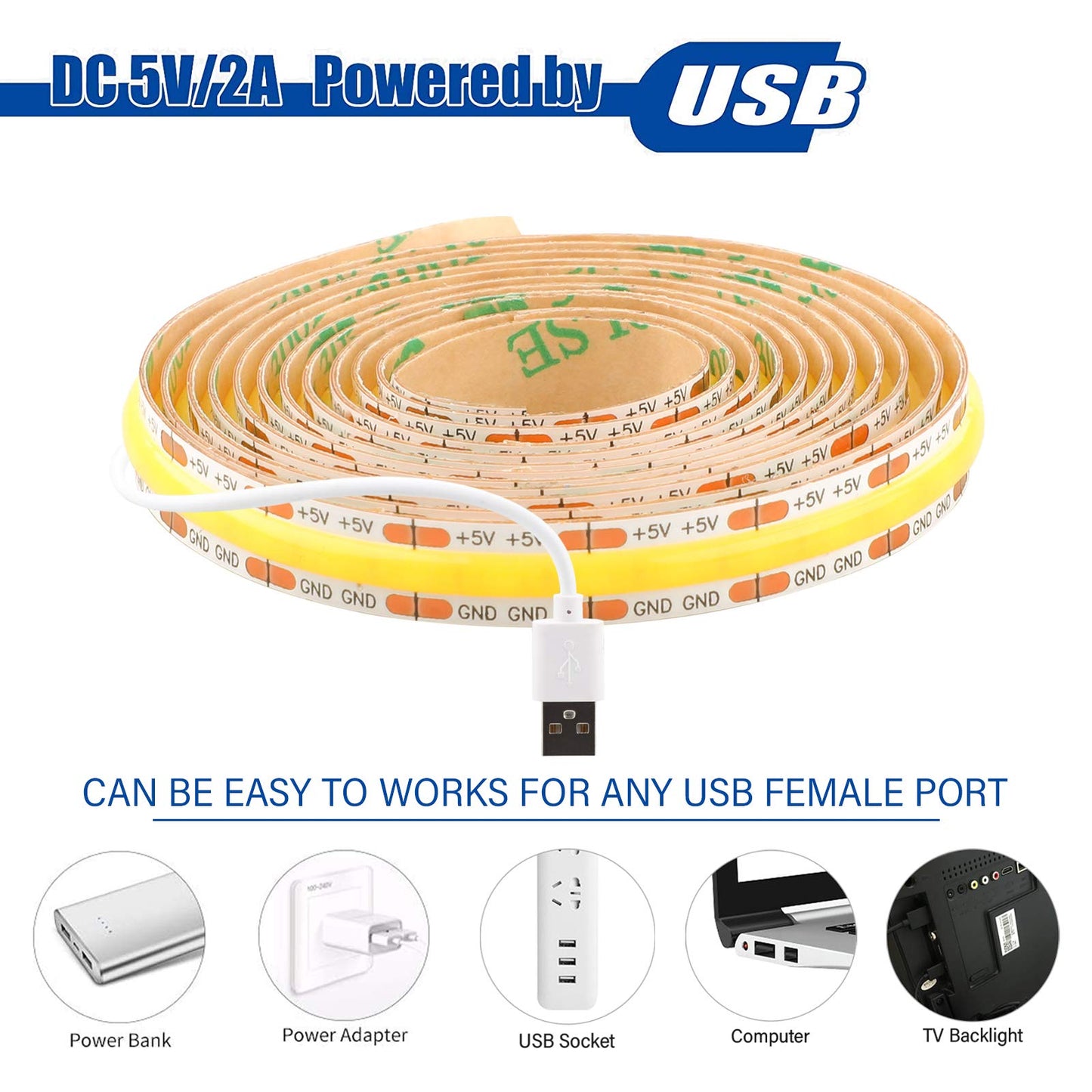 Dephen 5V Usb Led Light Strip, 4.9Ft Daylight Dotless Cob, Flexible, Self-Adhesive, Natural White, Model Hh-Snw320F008W05-
