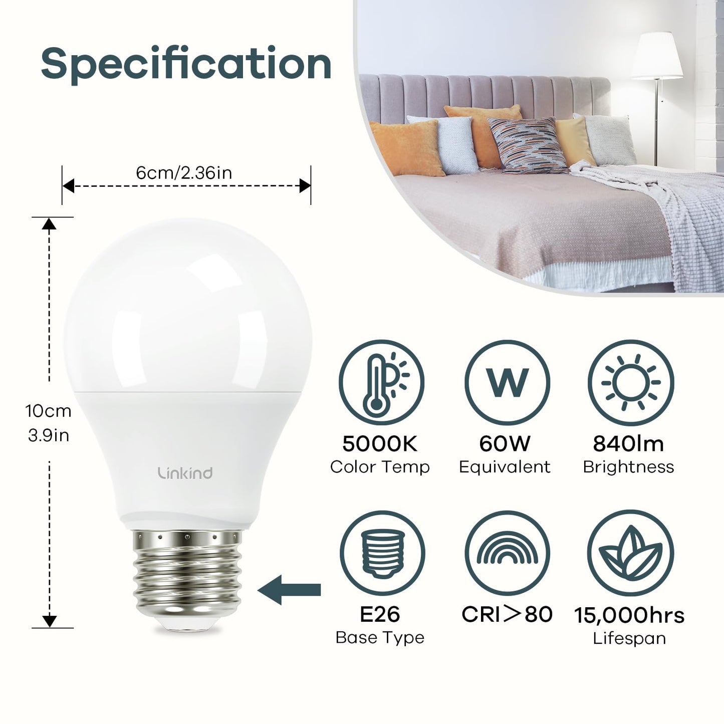 Linkind A19 LED Light Bulb, 60W Equivalent, 9W, 5000K Daylight, 840 Lumens, Non-Dimmable, E26 Base, 6