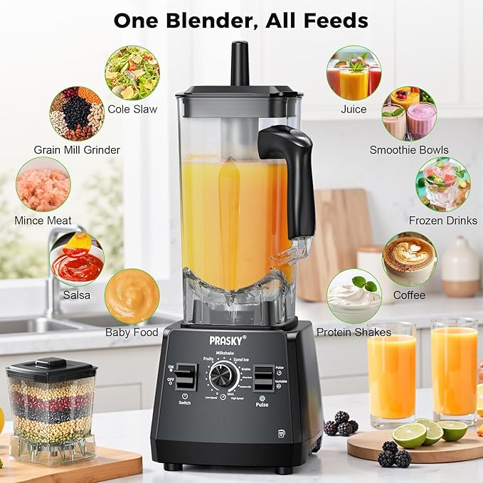 Blenders for Kitchen, Smoothie Blender Large Capacity, 2400W PRASKY Countertop Blender with 101oz Juice & Grinder Jar, BPA-Free, 25000 RPM Blender for Smoothies, Ice, Frozen Fruit (Gray, 3L)