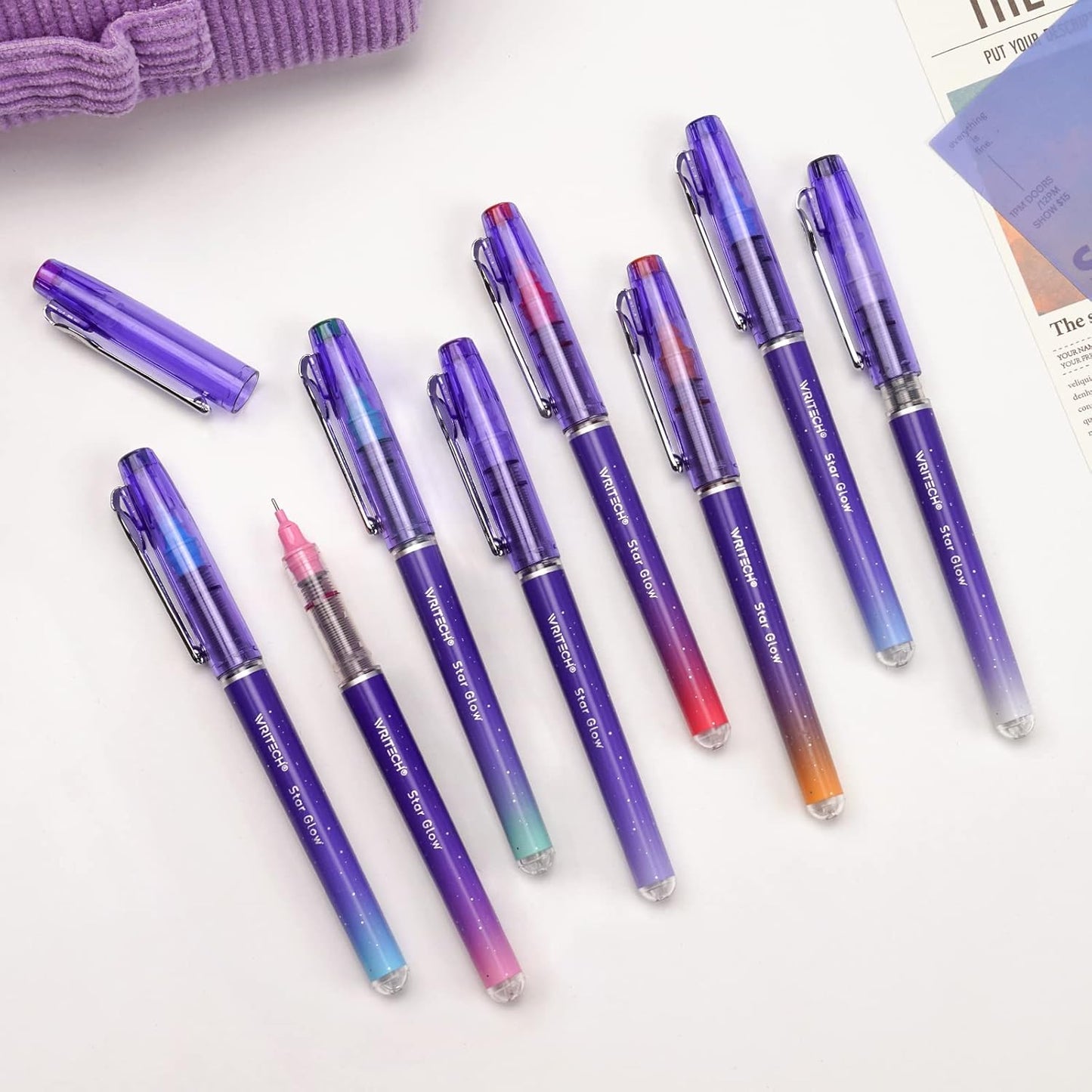 WRITECH Liquid Ink Rollerball Pens: 8ct Assorted Colors Extra Fine Point Tip 0.5mm Rolling Pen for Smooth Writing Coloring Drawing Journaling No Bleed & Smear &Smudge Multi Colored