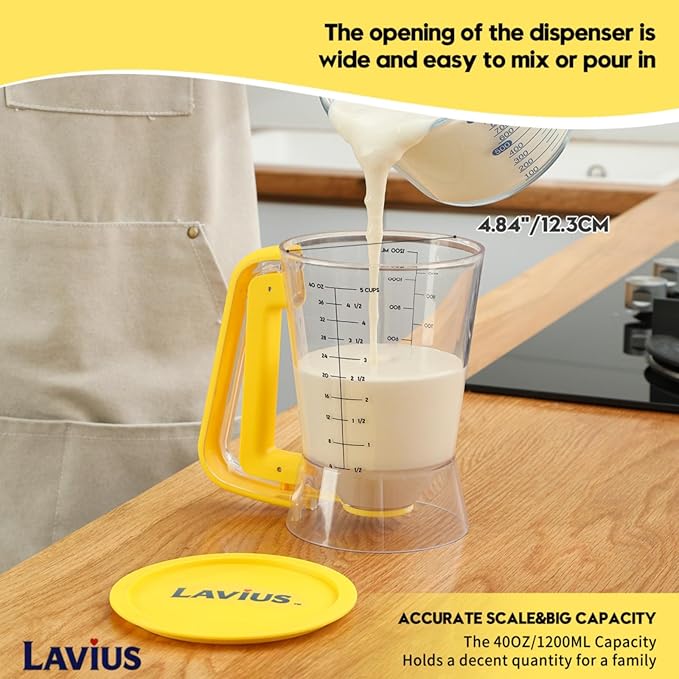 Pancake Batter Dispenser 5-Cup, Batter Pourer for Maker Pancakes, Waffles, Crepes, Muffins, Cupcakes, Easy Squeeze Grip Handle with Proof Nozzle, Precise Baking Tools