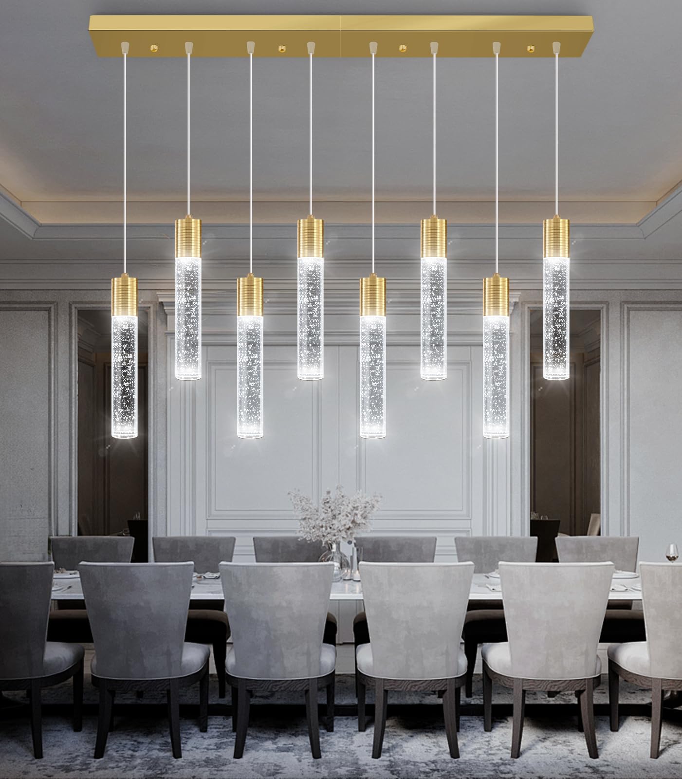 Dolria 8-Lights Modern Crystal Chandeliers For Kitchen Island Pendants Lighting Fixture For Dining Room Led Ceiling Light For Hallway Foyer 6000K Sliver
