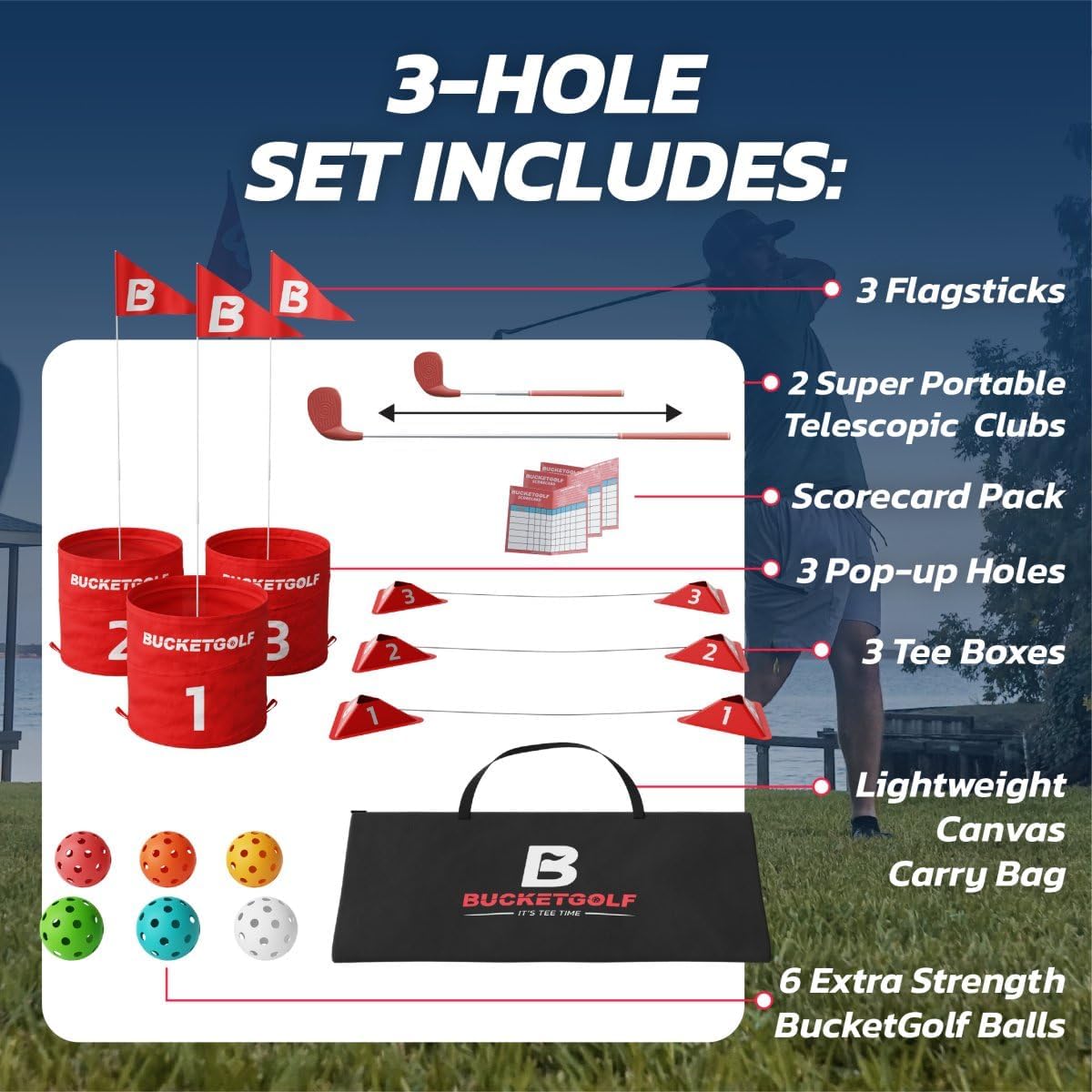 bucketgolf Original Game 3 Hole Travel Set with Clubs - #1 New Backyard Golf Game for The Yard and All Ages Adults and Kids. Beach, Park, School. (2 Right Hand Clubs)