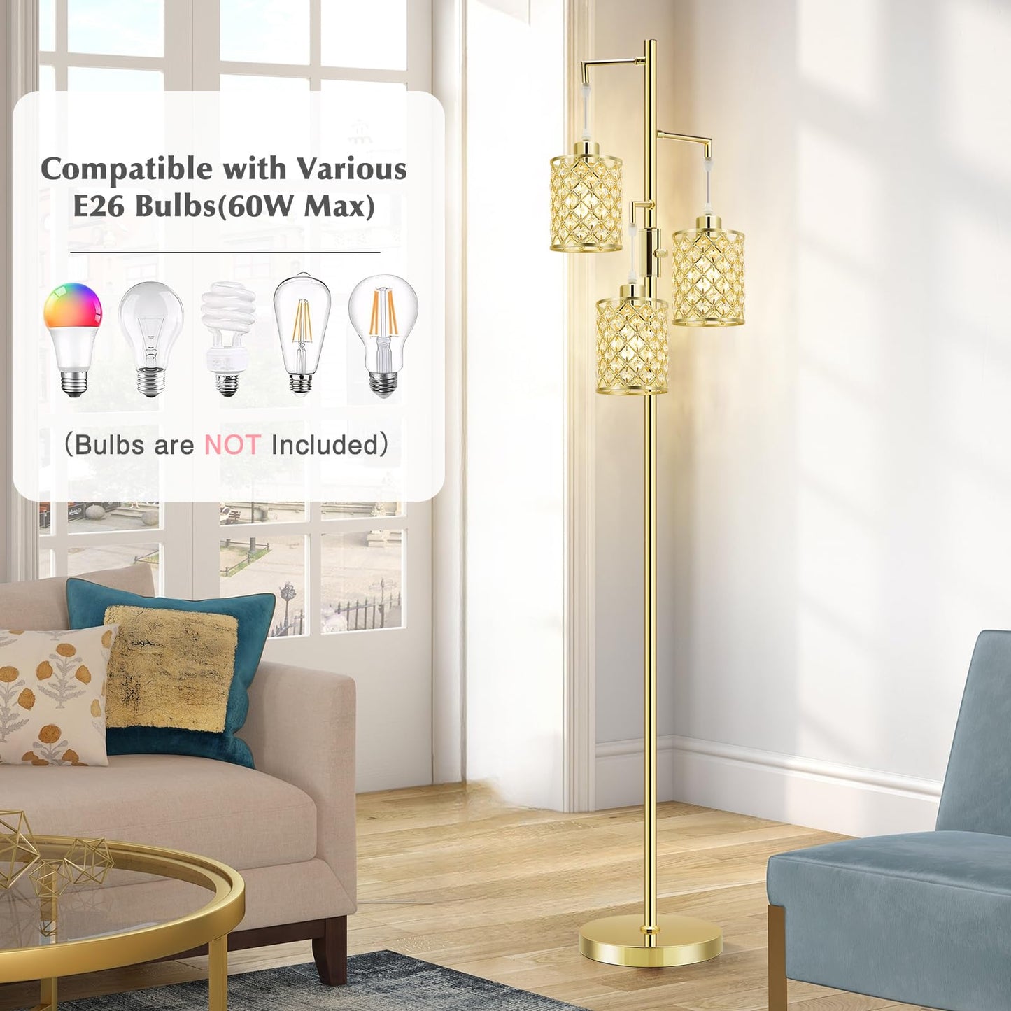GyroVu Floor Lamp, 3-Light Modern Gold Crystal Design, K9 Crystal Shade, Model G-1FL-1769B