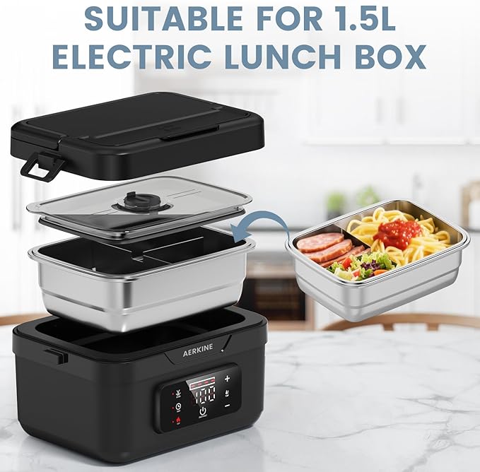 Electric Lunch Box For Adults - Rechargeable 75W Self-Heating Food Warmer with 1.5L Stainless Steel Container, Heated Lunch Box For Office, Picnic, Car & Outdoor Use(Silver)