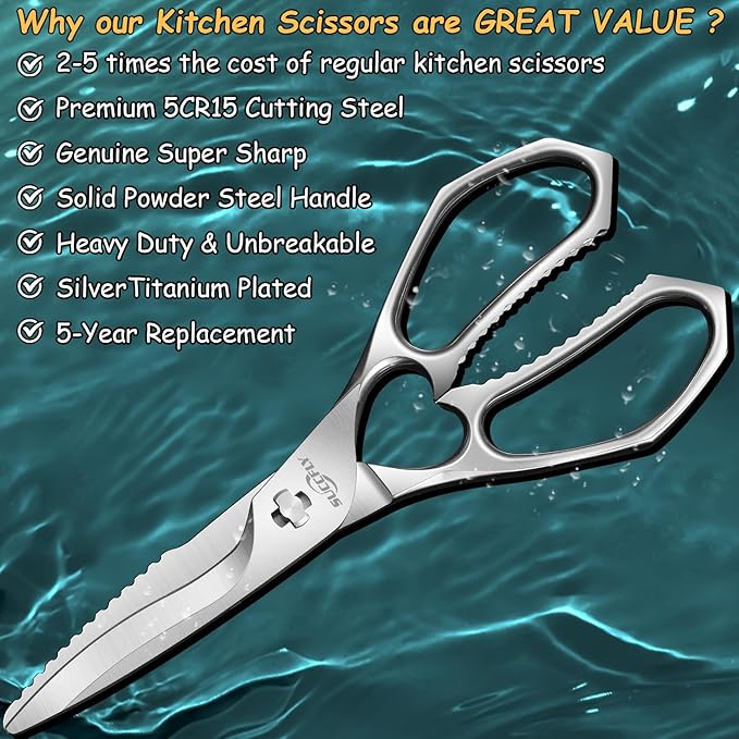 Premium Kitchen Shears Heavy Duty, Kitchen Scissors for Food, 8.8 Inch Ultra Sharp Meat Scissors Detachable Blade, Silver Titanium Plated Poultry Shears, Anti-Slip Cooking Scissor All Purpose