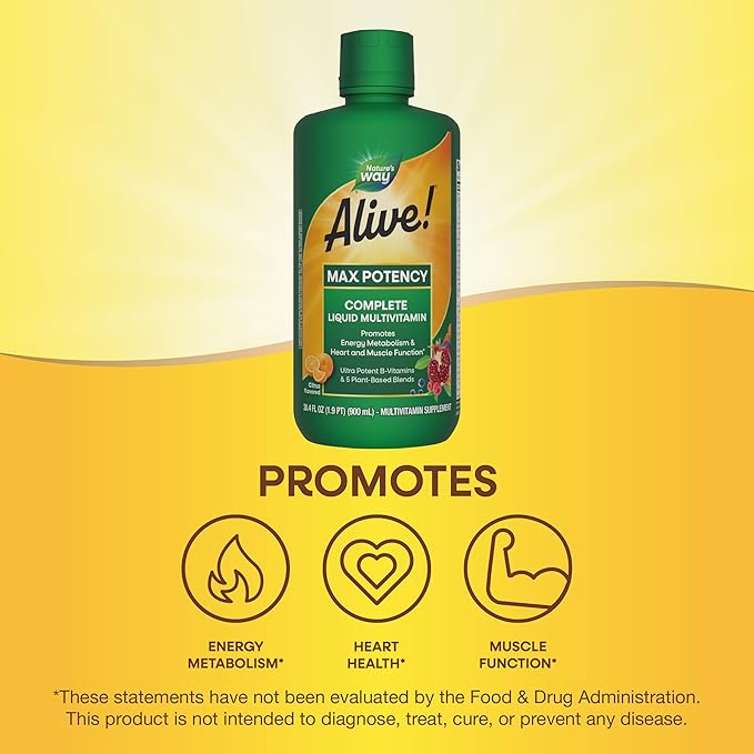 Nature's Way Alive! Max Potency Complete Liquid Multivitamin for Women and Men, Antioxidants Beta Carotene, Vitamins C & E, and Food-Based Blends, Citrus Flavored, 30.4 Fl Oz
