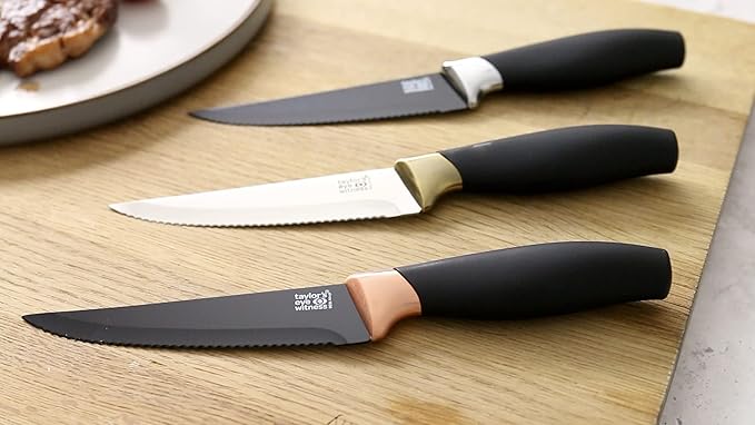 Steak Knives Set of 4 - Brooklyn by Taylors Eye Witness. Serrated black ceramic-coated blade with chrome-plated bolster. Corrosion-Free, Easy Clean Ceramic Coating. Soft Grip Handle. 2 Year Guarantee